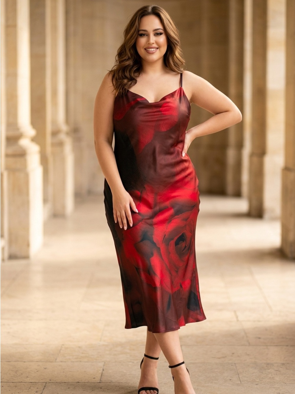Ashley Graham Red and Black Floral Satin Dress
